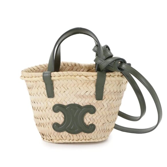 CELINE Mini Triomphe Hand Shoulder Bag Raffia Leather Natural Khaki - Picture 1 of 10